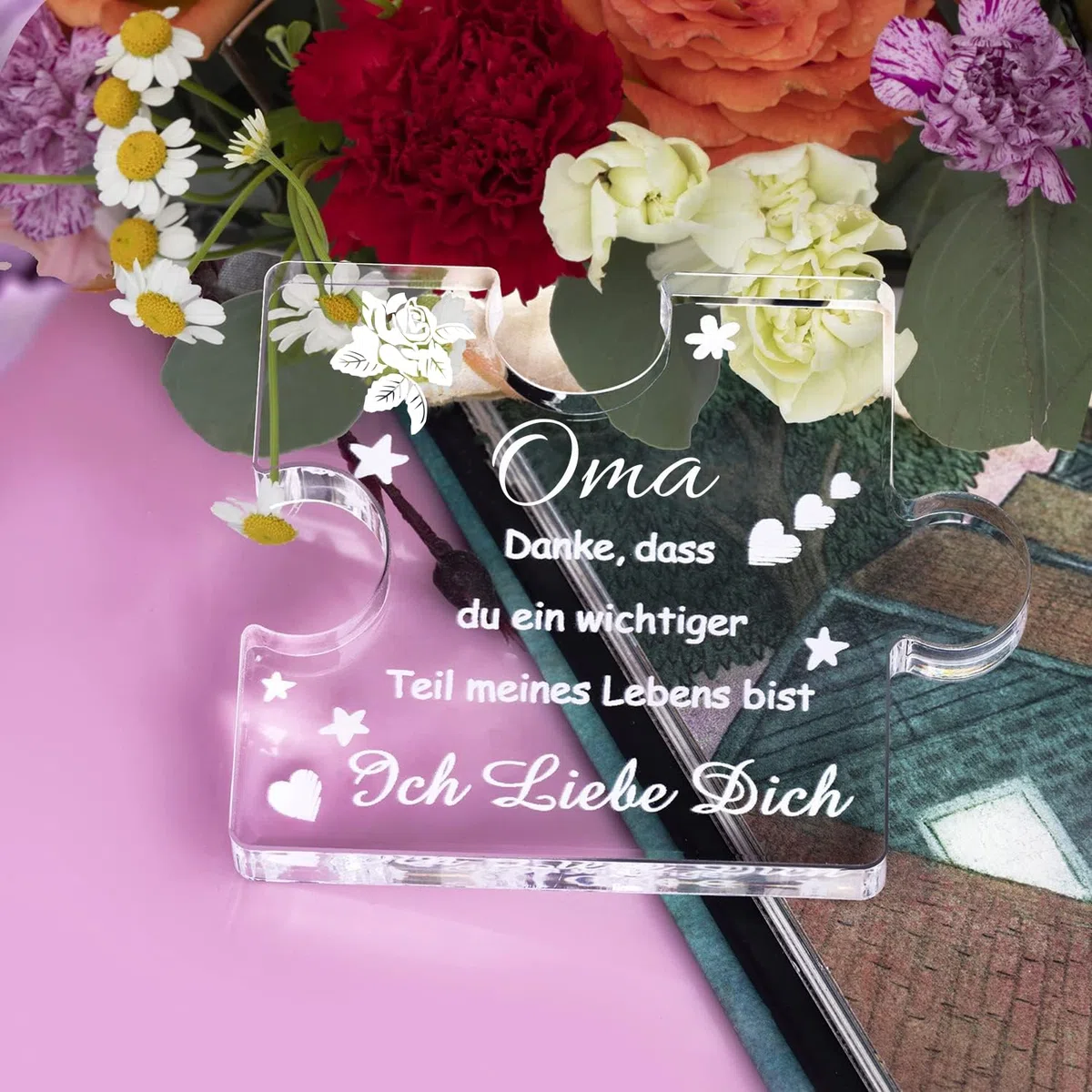 RISFIHEI Oma Geschenk, Geschenk Oma Geburtstag, Gravierte Acryl Block Puzzle, Geschenke für Oma zum Großelterntag Muttertag Weihnachten, Sinnvolle Geschenke für Oma (Oma)