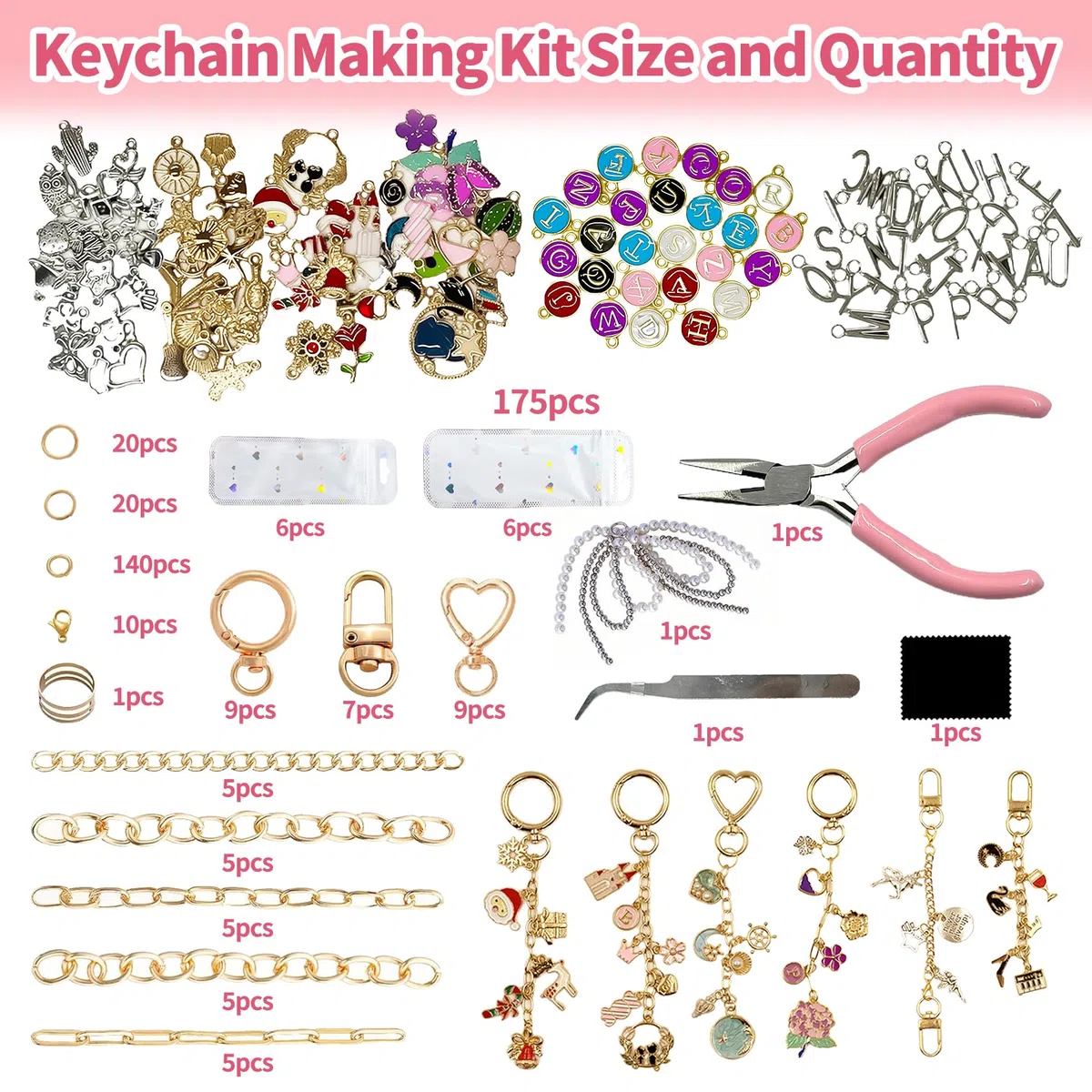 432 Stück DIY Schlüsselanhänger Basteln Charms Anhänger Set, Keychain Set mit Charms, Schlüsselanhänger Clips, Verlängerungsketten, Biegeringen und Schmuckzange, Selber Machen von Schlüsselanhängern