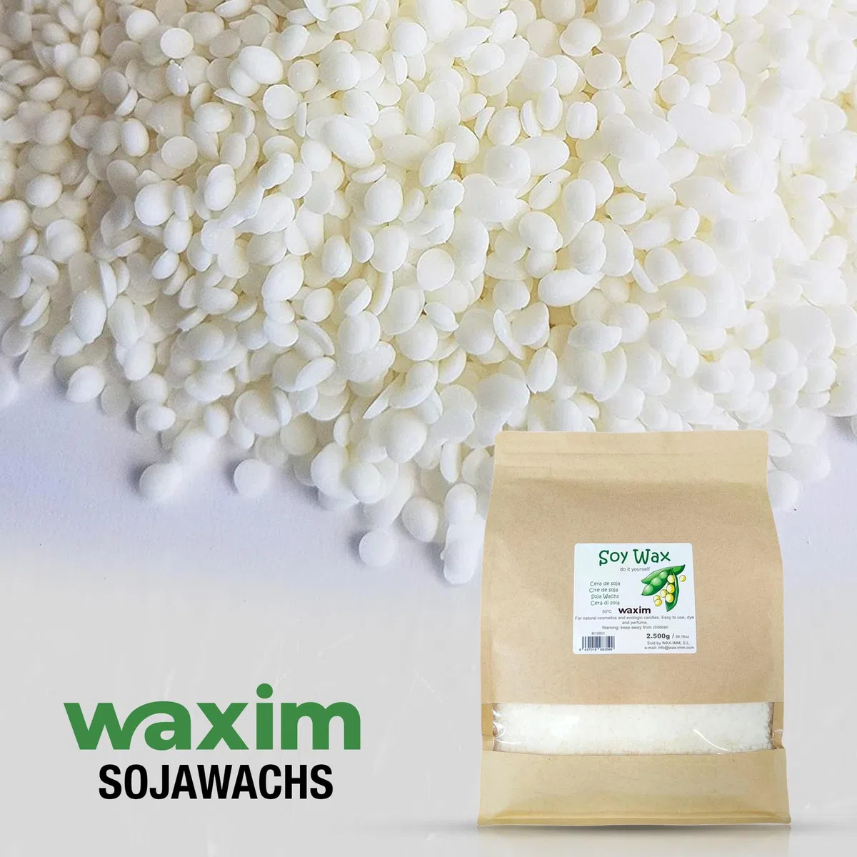 WAXIM Sojawachs Kerzenwachs zum Gießen | Wachs für Kerzen selber machen in Perlen 2.500 g | Kerzenwachs Granulat | Pflanzliche Basis für Behälter | Gleichmäßiges Schmelzen und Saubere Verbrennung