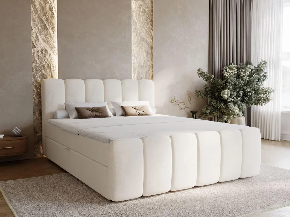 GRAINGOLD Cloud Bett 180x200, Boxspringbett mit Bettkasten, Polsterbett mit Bonell-Matratze, Samt Stoff, mit Topper, mit Kopfteil (Beige, 180x200)