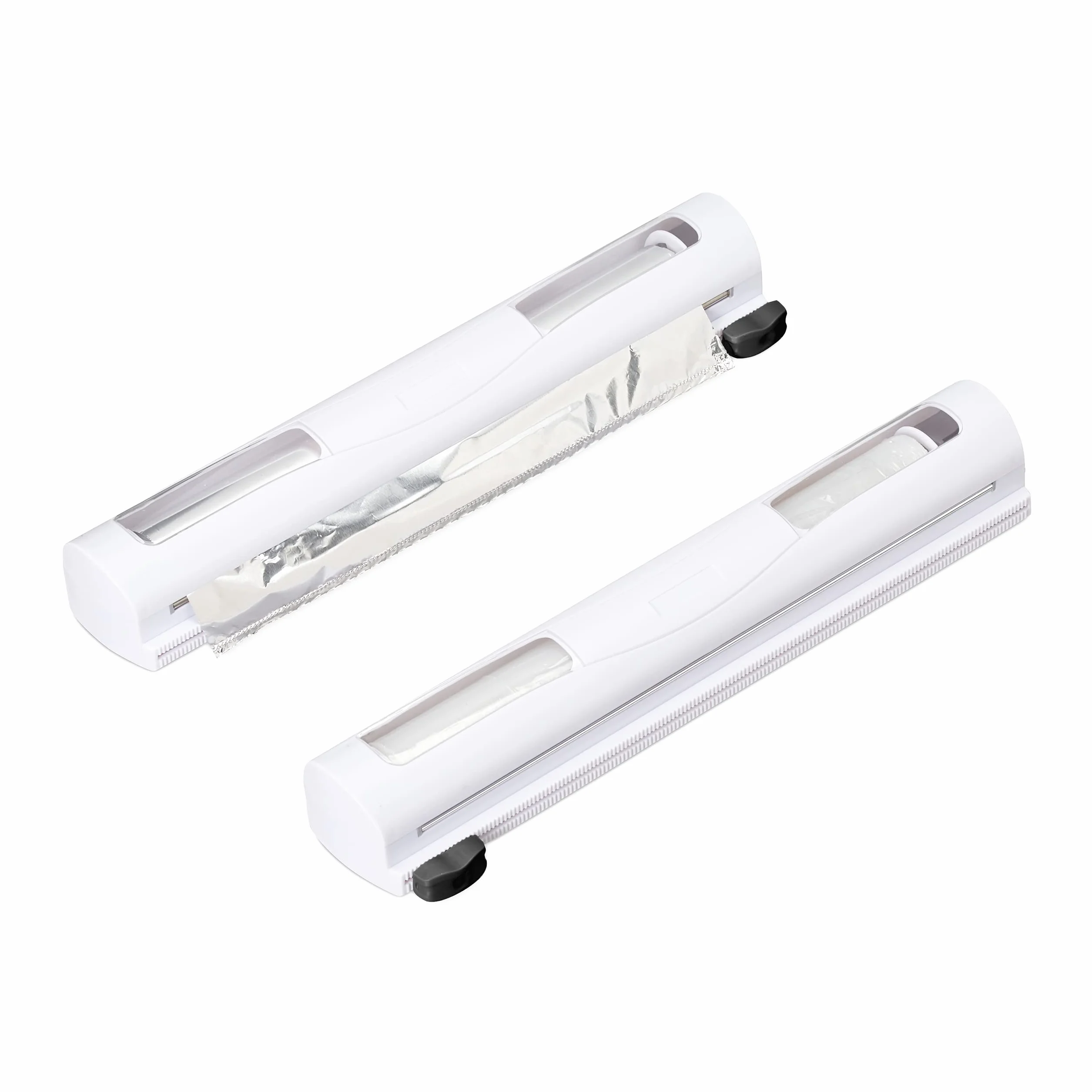 Relaxdays Folienschneider 2er Set, HBT 5x37x8 cm, Folienabroller magnetisch, Frischhalte- & Alufolie, Foliencutter, weiß