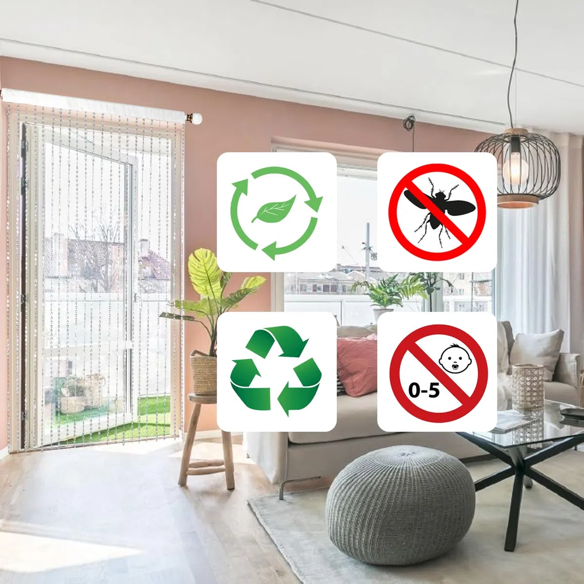HSYLYM Türvorhang Boho Perlenvorhang Insektenschutz Vorhang Fadenvorhang Tür Mit Perlen Fliegenvorhang Fadenvorhang 90cm Breit Weiß H200xB90cm (1er Pack)