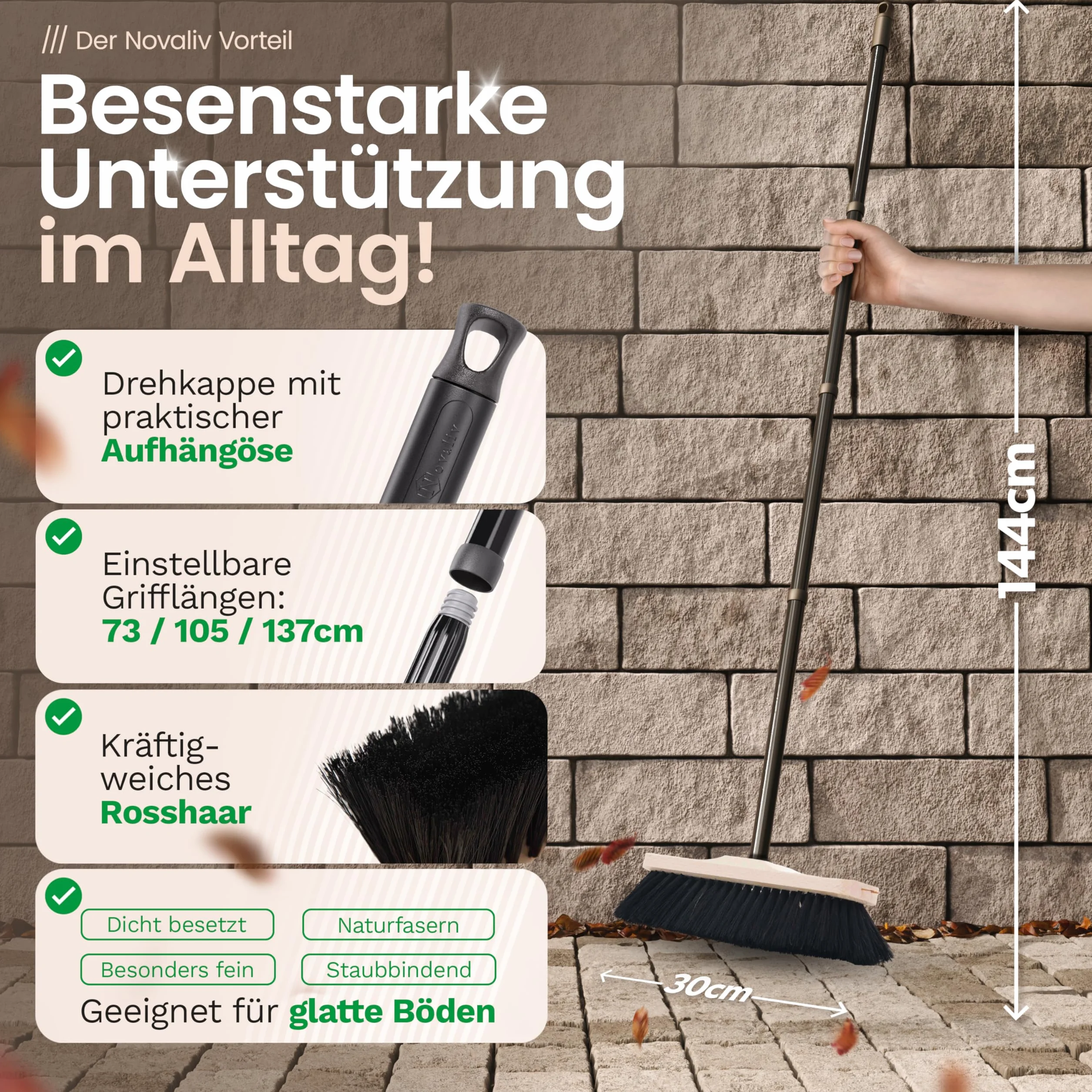 Novaliv Zimmerbesen mit Stiel stabil ECHTES ROSSHAAR Besen weiche Borsten Schrankbesen 4 TLG Steckstiel Gemischter Rosshaarbesen Besen für Laminat und Parkett Rosshaarbesen Naturborsten Stubenbesen