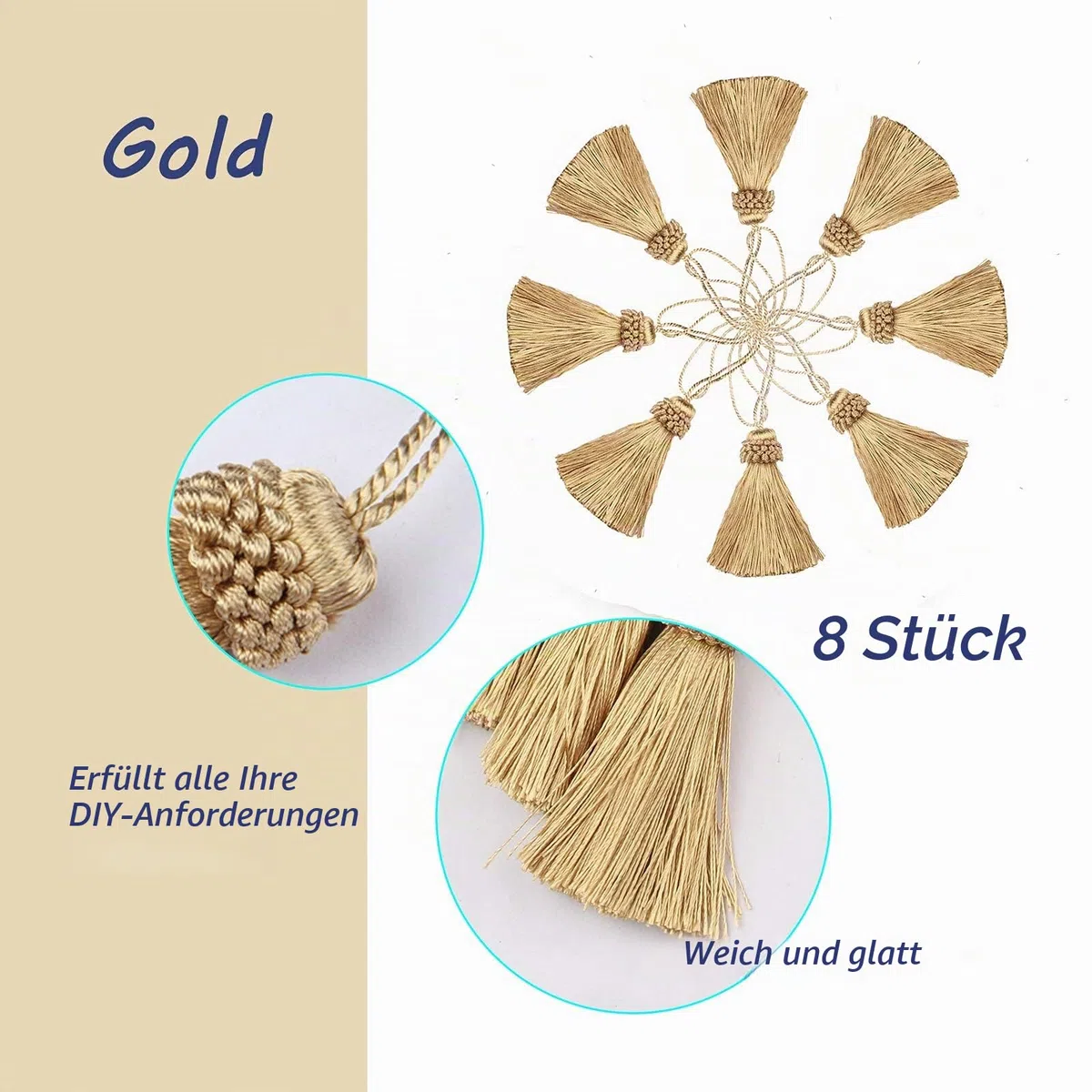 Set mit 8 eleganten Polyester-Quasten, bunte Bastelquasten, Charms, Schlüsselquaste, DIY-Zubehör (Gold)