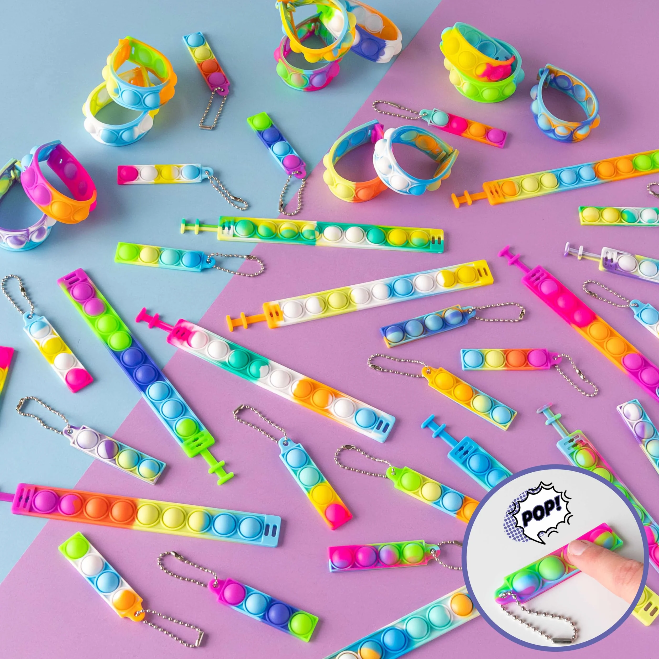 BONNYCO Armband und Schlüsselanhänger Pop It, Set 30 Mitgebsel Kindergeburtstag Gastgeschenke.Fidget Toys, Kleine Geschenke für Kinder. Mitbringsel Kindergeburtstag, Pinata Füllung Give Aways
