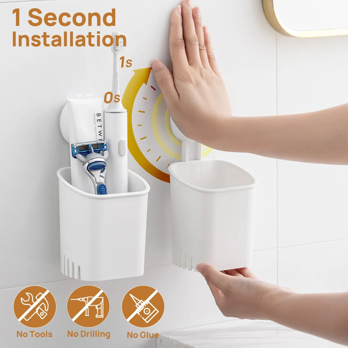 LEVERLOC Zahnbürstenhalter Wand 2 Stück, Max Halt 3 KG Saugnapf Zahnbürstenhalter ohne Bohren für Dusche, Badezimmer Zahnpastahalter, Wasserfester Rasierklingenhalter, Zahnputzbecher, Plastik in Weiß
