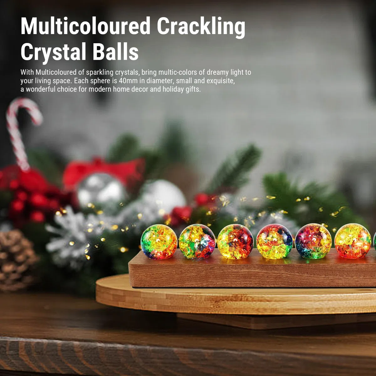 LOSCHEN 7 Bunte Crackle-Kugeln mit LED-Sapele-Holzsockel, dekorative Eiskrackle-Kugeln mit positiver Energie, Set mit natürlichen Heilkugeln für Zuhause, Yoga, Meditation und Geschenke
