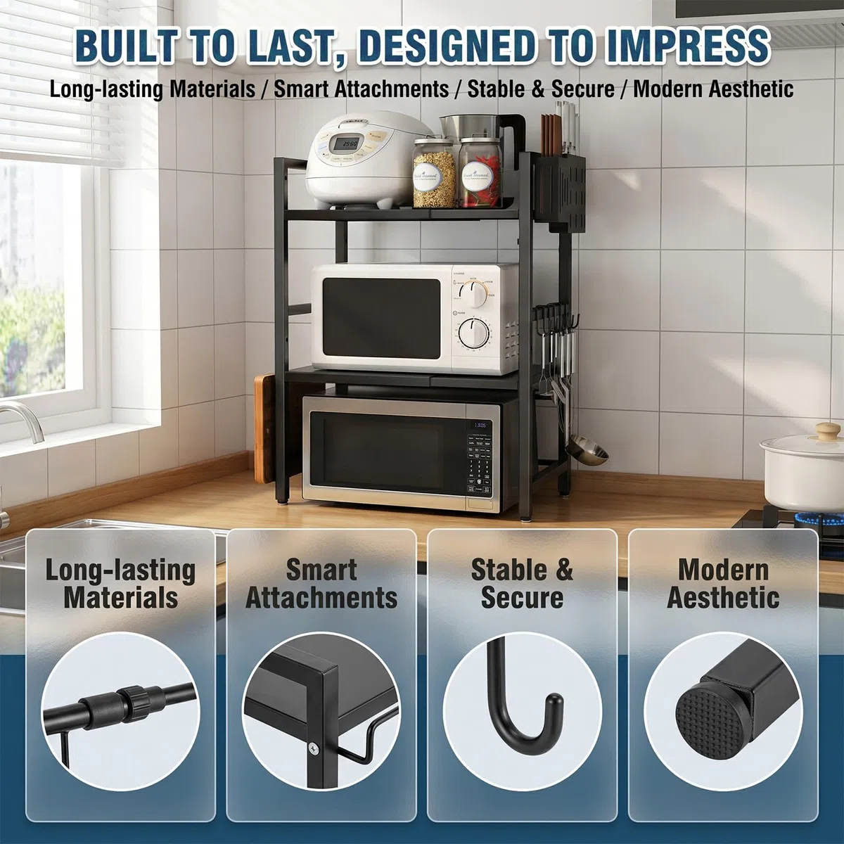 Erweiterbares Mikrowellen Regal, 3-Stufig Küchen Mikrowellenständer mit 4 Haken, Küchenregal Stehend für Arbeitsplatte aus Kohlenstoffstahl für Heißluftfritteuse, Toaster, Schwarz