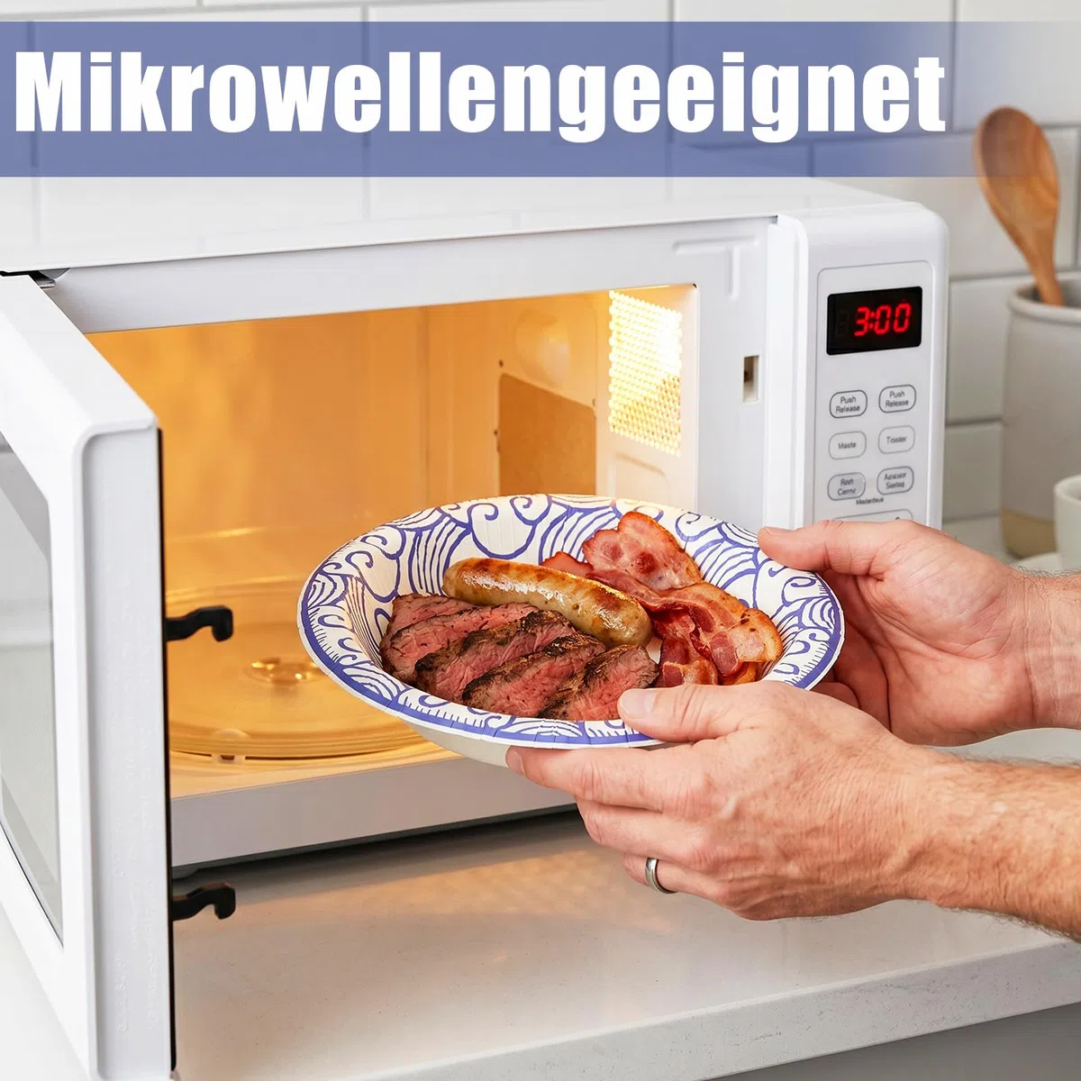 Suppenschalen Einweg 470 ml, 30 Stück, dicke Pappschüsseln mit Blau-weißes Porzellanmuster, mikrowellengeeignet und auslaufsicher, für Zuhause, Party, Picknick & Familienfeier