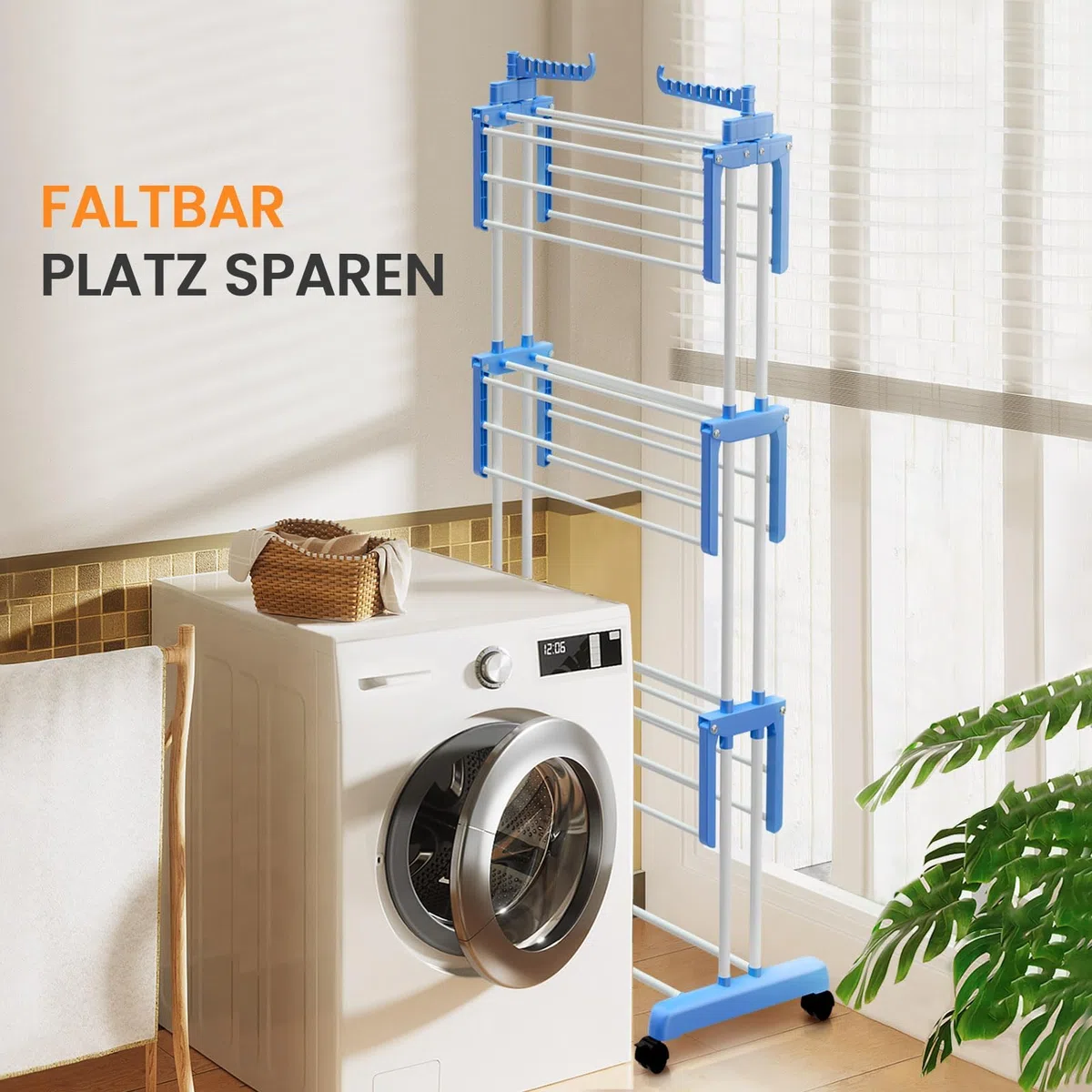 Wäscheständer Turm faltbar mit 6 Flügeln und 2 drehbaren Seitenflügeln – Platzsparend, mit Rollen, Innen & Außen (Blau)