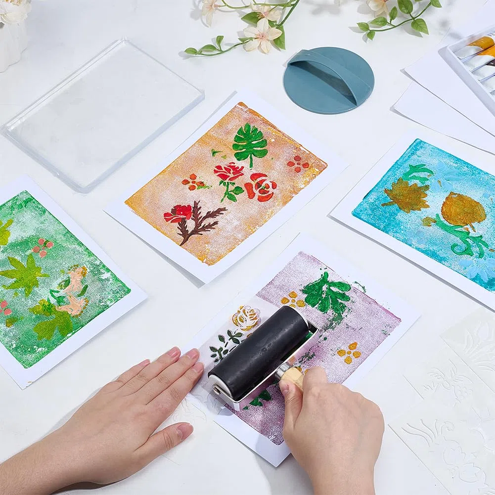 WEBEEDY 10 Set Gell Druckplatten Kit Für Mixed Media Kunst DIY Druckset Mit 12.7x17.8cm Gelplatte Blumen & Blattschablonen Walze Ein Papier Farben & Anleitung