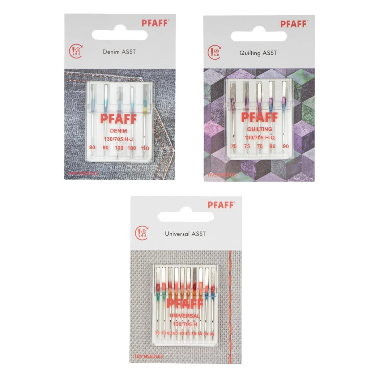 PFAFF Maschinennadel-Sortiment 3er-Set, 20 Nadeln Universal/Quilting/Jeans, System 130/705H, verschiedene Stärken für alle Haushaltsnähmaschinen