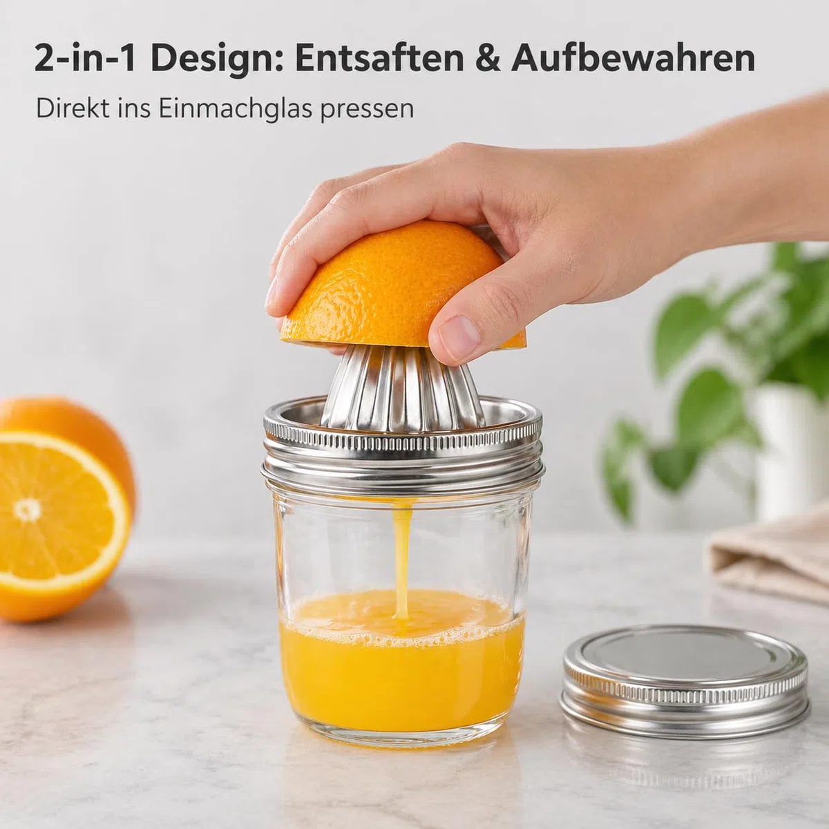 Zitronenpresse Edelstahl Handpresse Für Küche, Orangenpresse mit Auffangbehälter, Manuelle Saftpresse Für Zitronen, Orangen, Limetten, 280ml, Einmachglas, Leicht Zu Reinigen Und Lagern