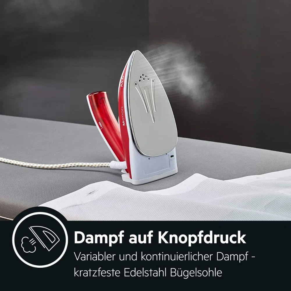 AEG DBT 800 Reise-Dampfbügeleisen (Variabler und kontinuierlicher Dampf, ergonomischer Klappgriff, inkl. Reisebeutel, Edelstahl Bügelsohle, Dampfstoß 45g/Stoß, 60 ml Wassertank, 1,9 m Kabel, rot/weiß)