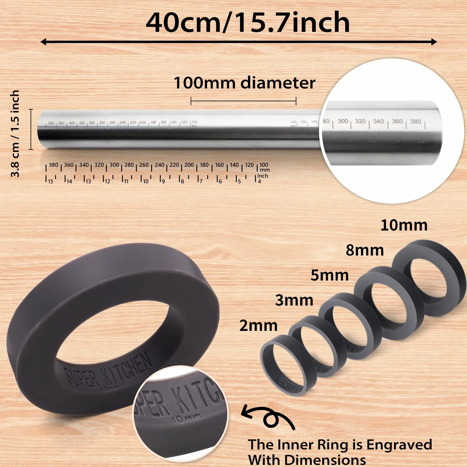 SUPER KITCHEN Nudelholz Einstellbares Edelstahl Teigroller, Antihaft Metall Nudelhölzer Fondant Teigrolle mit abnehmbare Ringe in 5 Größen, Backzubehör Rolling Pin für Pizza, Cookie, Gebäck Teig, 40cm