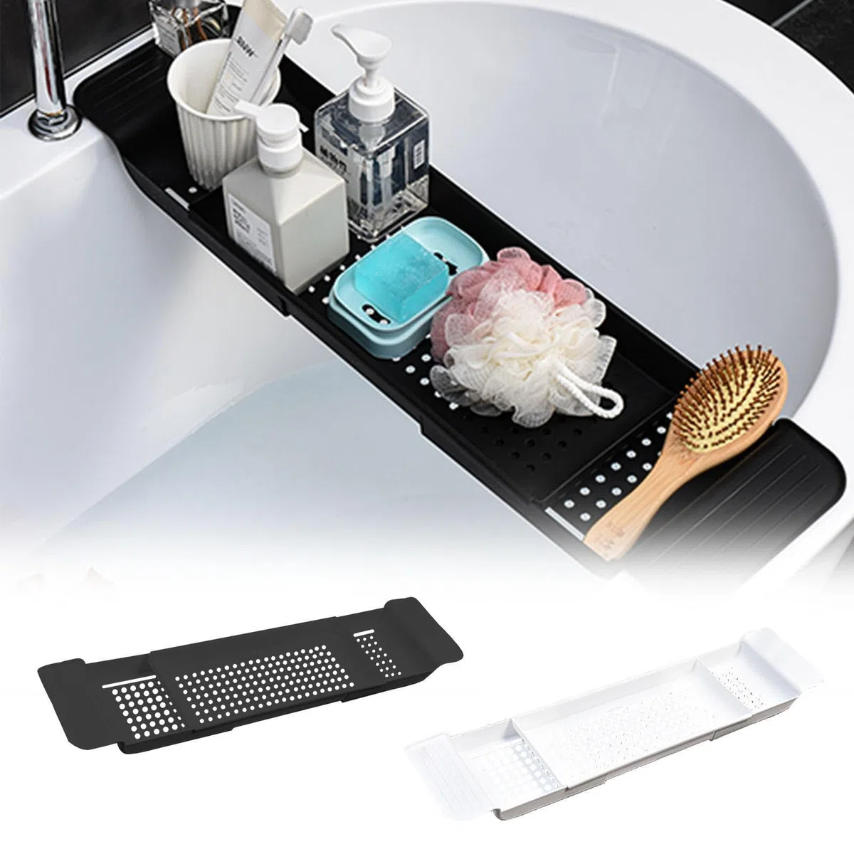 Badewannen Caddy Tablett, Wannentablett Kunststoff Badewannenablage Ausziehbar (55–78 cm), Badewannenablage Kunststoff, Badewannen Organizer Für Weinglas Buch Telefon Seife Kerze Handtüchern