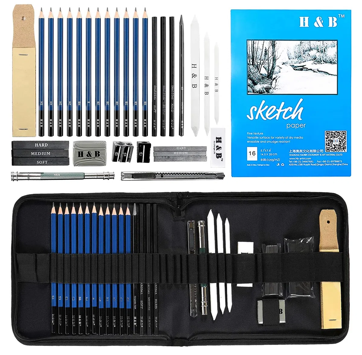 H & B Professionelle Zeichensets Skizzierstifte Zeichnung Bleistifte Werkzeug Geeignet für Künstler Student Lehrer Anfänger(inkl. Skizzenbuch 33Stück) Profi Art Set mit und Kit Bag