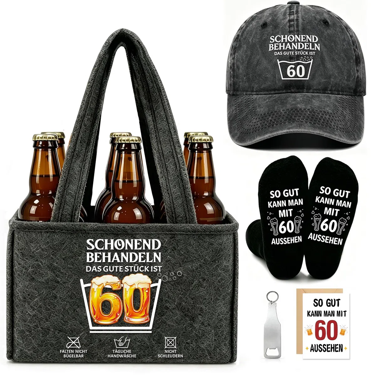 YSUVIN 60 Geburtstag Mann, Bier Handtasche Set Geburtstagsgeschenk für Männer, Filz Flaschentasche 6 Flaschen mit Flaschenöffner Socken Hut Grußkarten, Geschenk Mann für Kollege Freund Partner