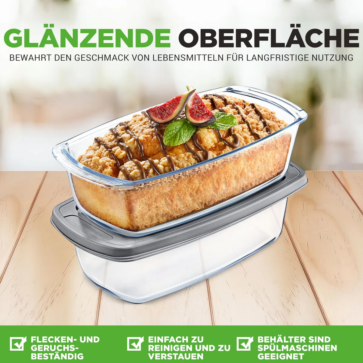 NutriChef Glas Brotbackform Mit Deckel 2er Set 1,8 L – Borosilikat Kastenform Luftdicht Stapelbar Für Backen, Aufbewahren und Meal Prep, Farblos