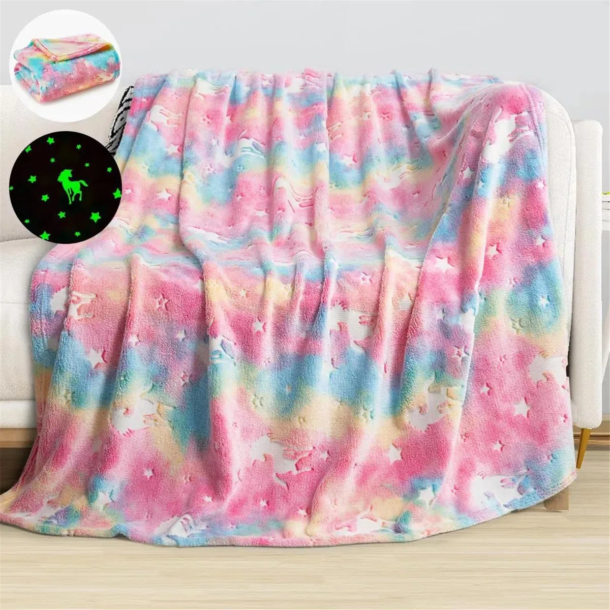 Einhorn Decke Kuscheldecke - 120 x 150 cm Decke Leuchtet im Dunkeln, Warm und Flauschig Kinderdecken für 1-10 Jährige Mädchen und Jungen - Wohndecke für Geschenk (Farbig, 120 x 150cm)