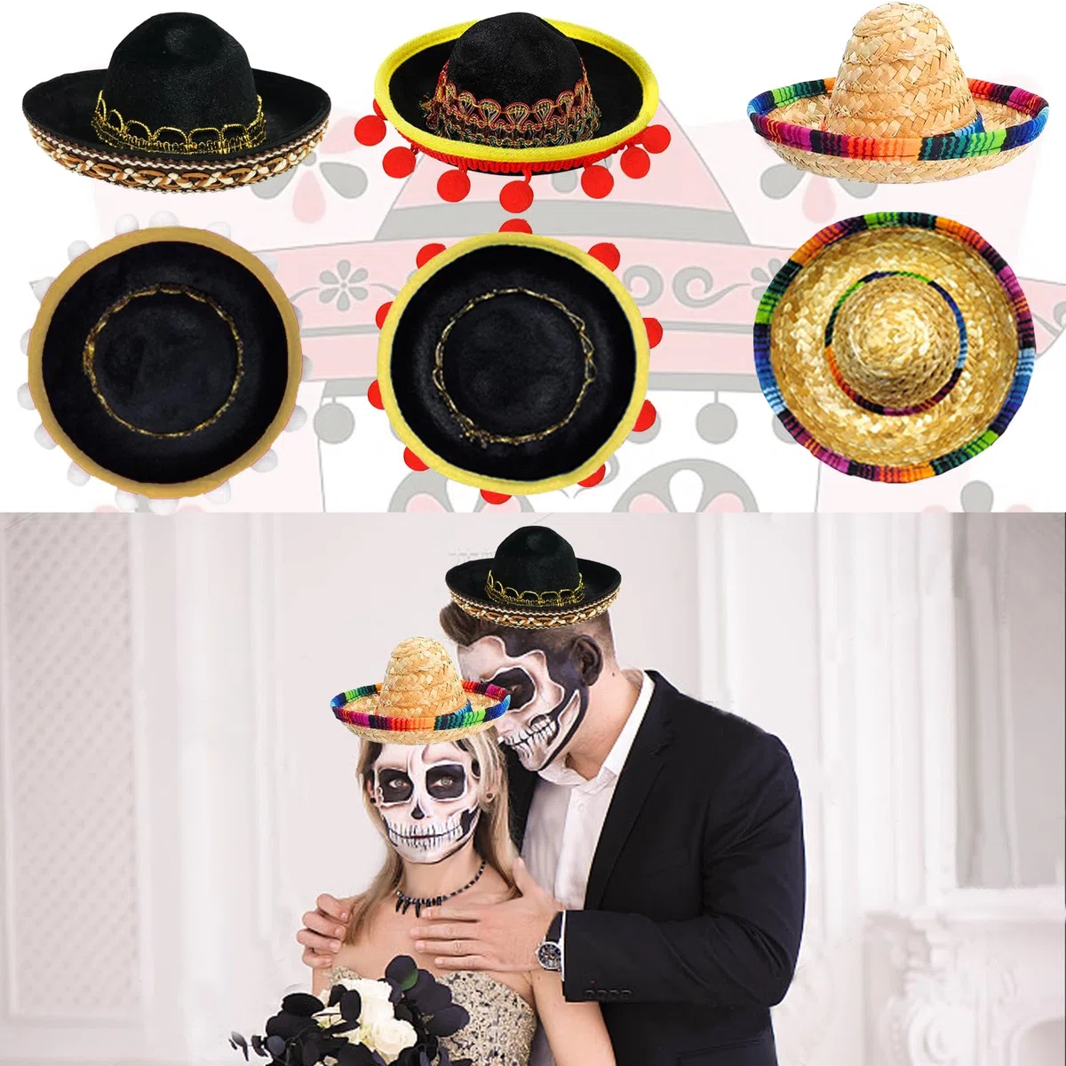 Set von 6 Cinco de Mayo Stroh Sombrero Stirnband Stoff Partyhüte mit Ball Fransen Dekoration für Fiesta Hut Partyzubehör, Perfekt für Fiesta, Dia de Muertos & Mexiko-Themenpartys
