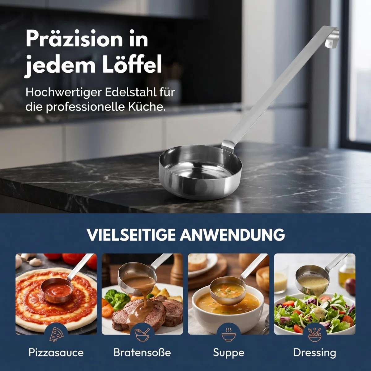 TOPBATHY 2 Stück Pizzasaucenlöffel aus Edelstahl, flacher Soßenlöffel mit langem Griff, Portionskelle für Pizza, Tomatensauce, Ketchup, Dressing, Küche und Restaurant