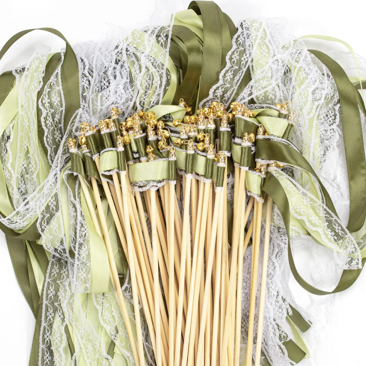 50 Stück Wedding Wands, Wedding Wands Sitzplan Hochzeit Luftschlangen mit Groß Glöckchen und Hochzeitsbändern, Zauberstäbe Seidenfeenstab für Hochzeiten, Geburtstage,Feiertagsfeiern (Grün)