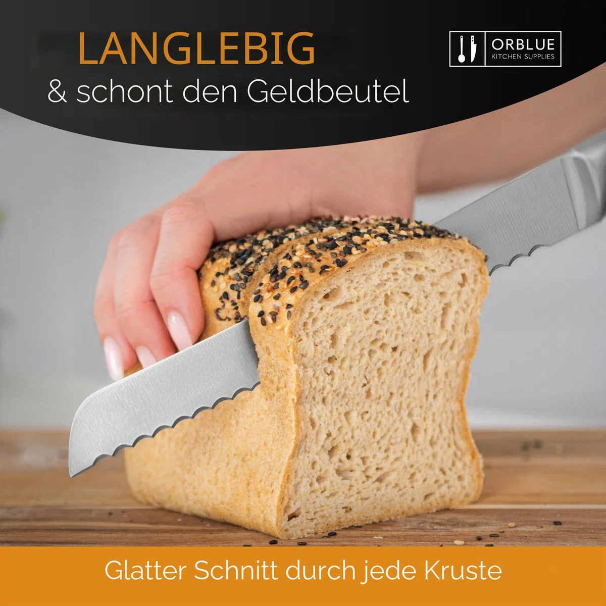 Orblue Brotmesser aus Edelstahl mit Wellenschliff – Ultrascharfes Profi Küchenmesser, Ideal für Brot, Bagels & Kuchen, Schwarz