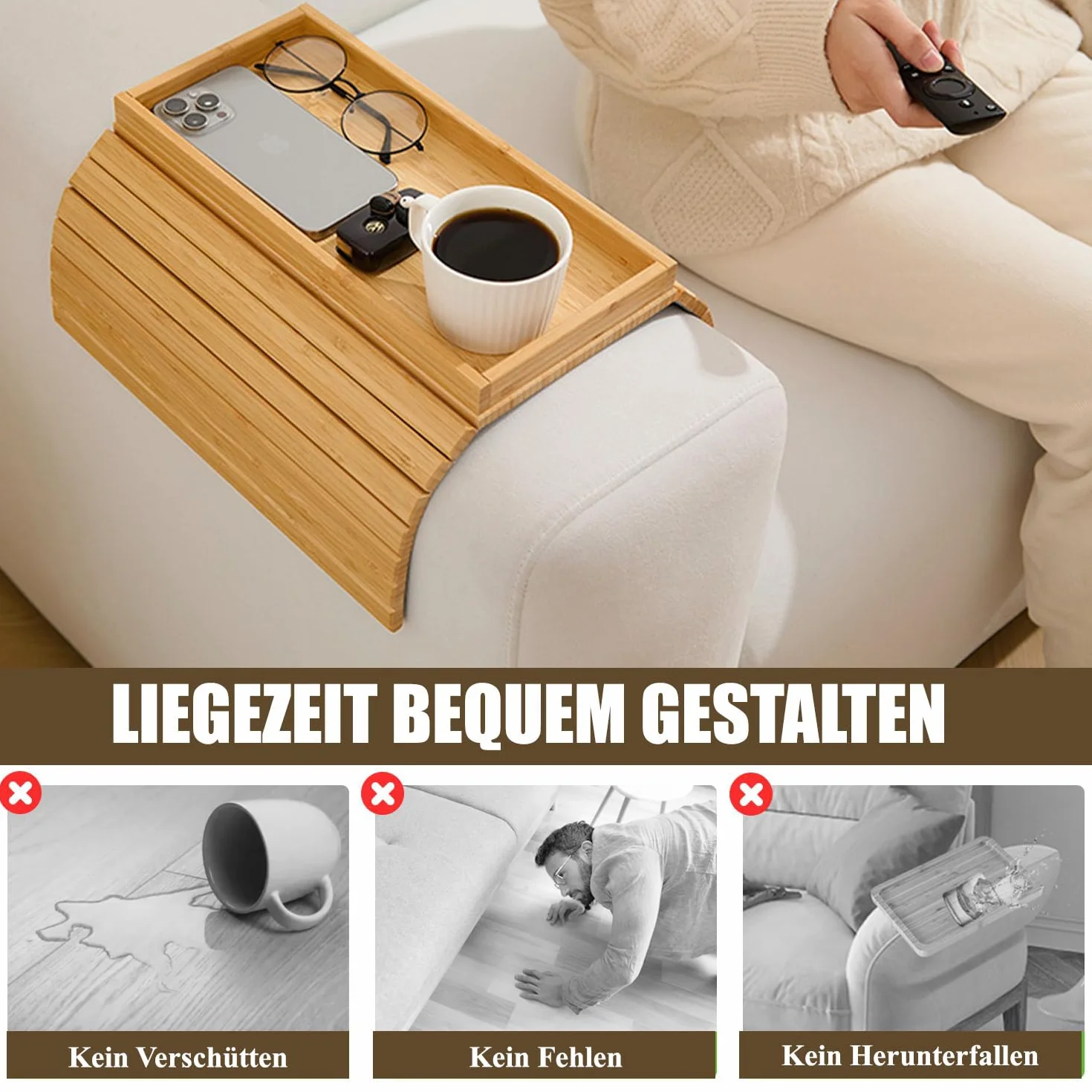 Sofatablett, Faltbares Bambus Rutschfester Couch Tablett, Armlehne, Couch Sofa Tisch für Snacks, Handy, Tassen