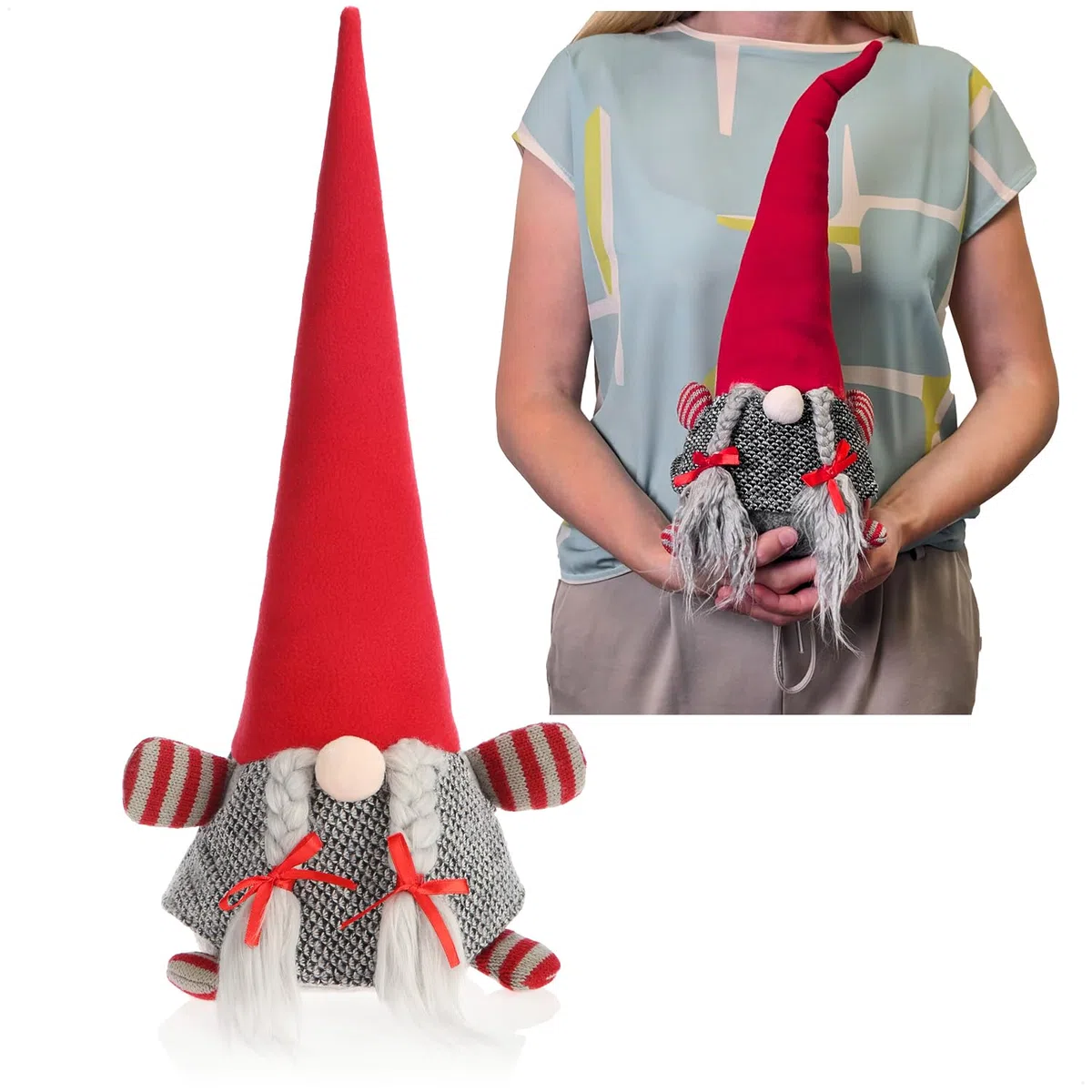 com-four® Wichtel Zwerg mit roter Zipfelmütze 40 cm - 1,4 kg schwerer Türstopper - Weihnachtsdeko Figur im nordischen Design - Kantenhocker, Buchstütze (Wichtel - rote Mütze grauer Zopf)