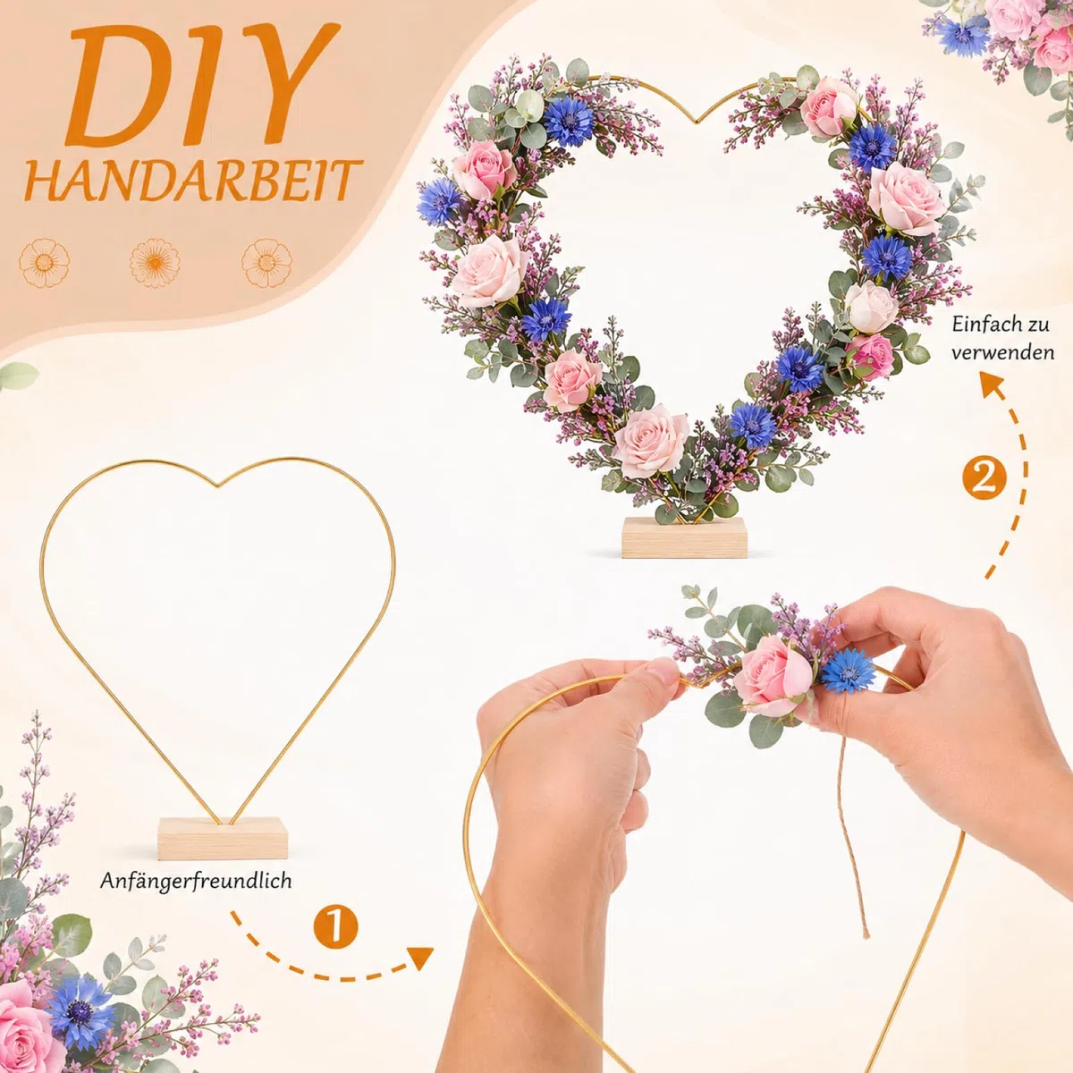 jojofuny 2 Satz Metallring Herzform Mit Holzständer: 30cm Dekoring mit Fuß Für Blumenkränze Für DIY Girlanden, Weihnachten Handwerk, Kreative Wanddekorationen, Hochzeiten projekte