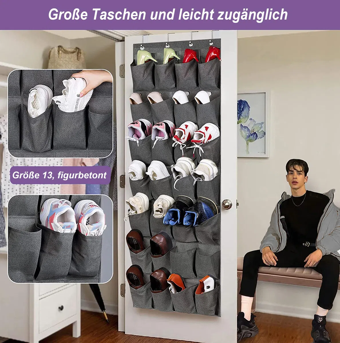 MISSLO 28 Große Taschen über der Tür Schuh-Organizer mit 4 Haken hänge organizer für unterschiedlich breite Türen, hängender schuhaufbewahrung für Schrank schuhhalter Herren, Grau