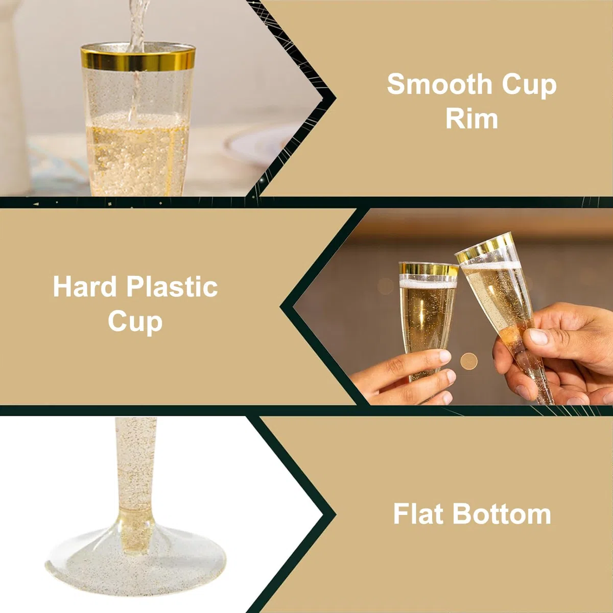 50 Stück Sektgläser Plastik, 150ml Champagner Gläser mit Goldrand und Goldglitter aus Kunststoff, Sektglas Plastik Mehrweg für Mimosa Bar Hochzeit Party Picknick im Freien
