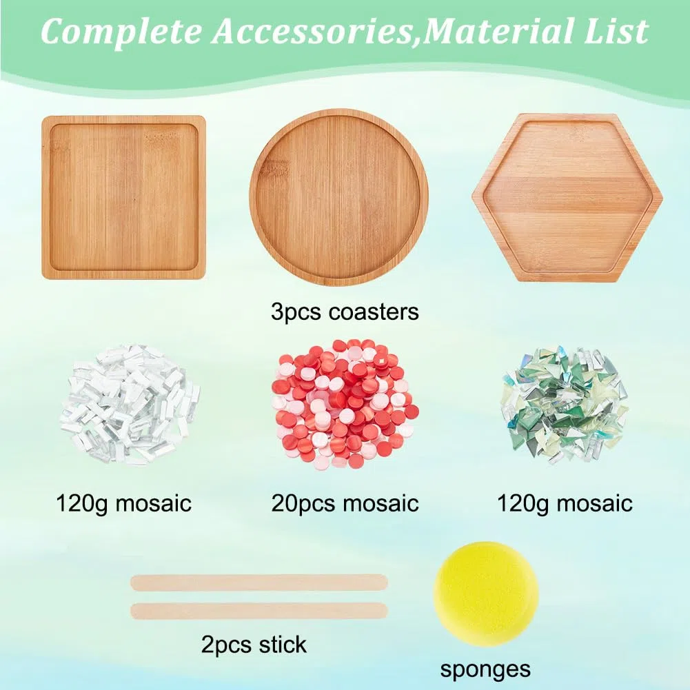 WEBEEDY 3 Stile DIY Mosaik Bastelset Blumenmosaik Bambus Untersetzer Kits Für Erwachsene Anfänger, Grüne Glasmosaikfliesenstücke Mit Leerem Bodentablett Für Handgefertigte Kunst-Wohndekoration