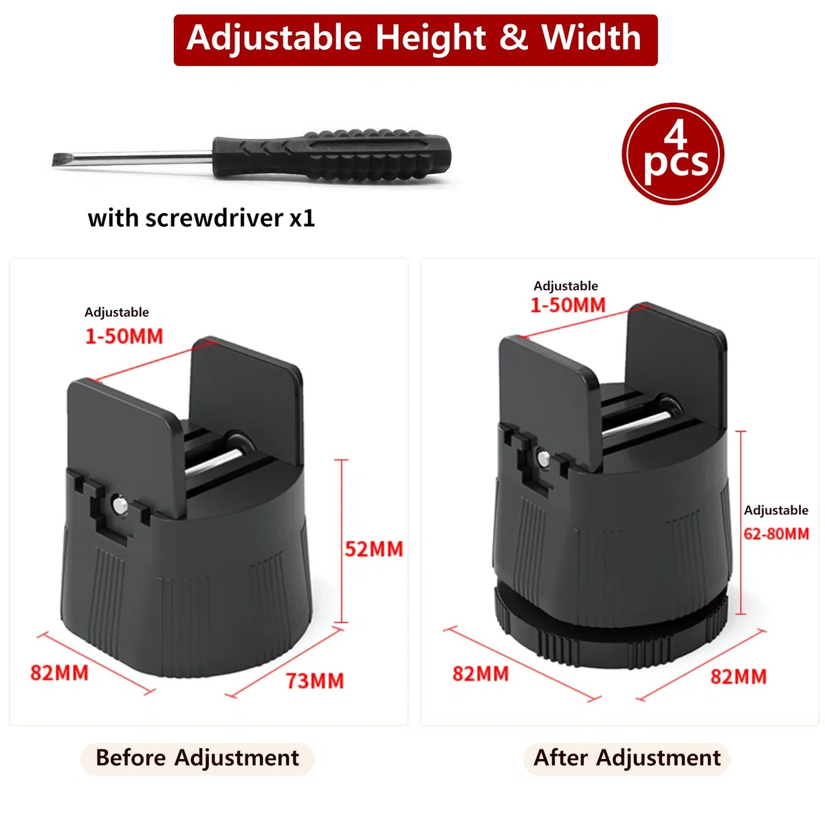 4 Stück Möbelerhöhung 6cm-8cm, Verstellbare Betterhöhung für 10mm-50mm Breite Quadrat & Runde Stuhlbein, Betterhöher mit Schraubklemme Schwerlast Stuhlerhöhungen Möbelerhöher