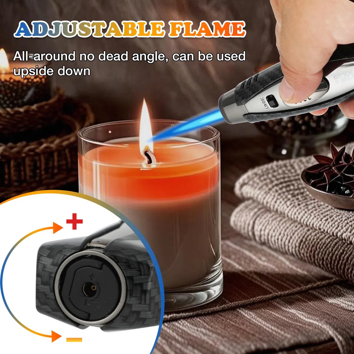 Butanbrenner-Feuerzeug, nachfüllbarer Butanbrenner mit Sicherheitsverschluss, einstellbare Flamme, Küchenbrenner, winddichtes Design, Kochen，Außenbereich, Grillen (Butan NICHT enthalten) (Schwarz)