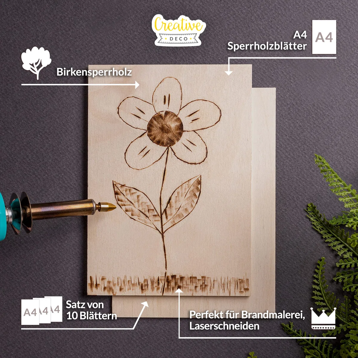 Creative Deco 10 x A4 Sperrholzplatte 4mm | 300 x 210 (+/- 2) mm | Birkensperrholz Dünne holz-Zuschnitte | Perfektes Blatt für Laubsäge, Brandmalerei, Laserschnitt, CNC Router, Durchbrochenes