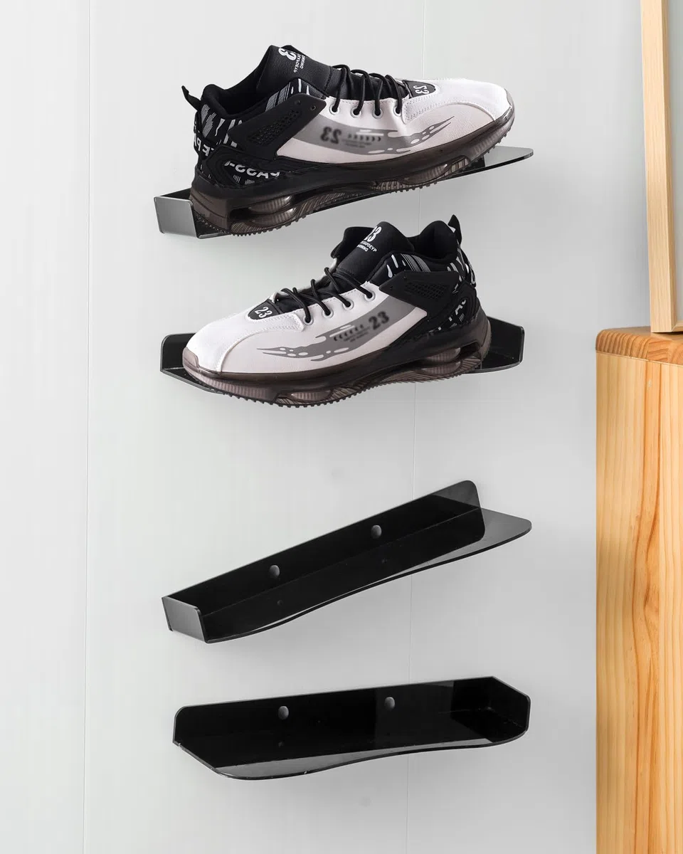 Baffect Sneaker Wandhalterungen, Schuhregal Wand mit Flexiblen Kombinationsmöglichkeiten, Schuhhalter Wand aus Acryl für 2 Paar Sportschuhe (Schwarz)
