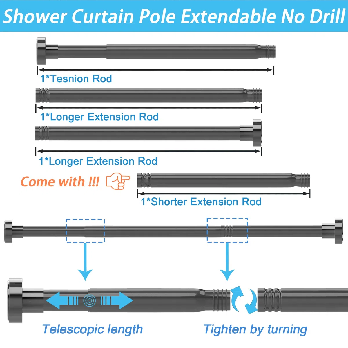 1Stück Duschstange ohne Bohren Edelstahl Duschvorhang Stangen Ausziehbar Klemmstange Duschvorhang für Dusche, Badewanne, Badezimmer Fenster 85-160CM