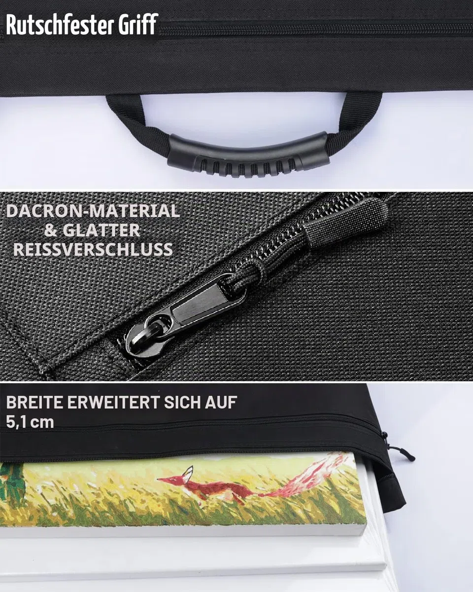 Nicpro Leichte Kunst Portfolio Tasche, Schwarze Leinwand Zeichenbrett Tasche mit Abnehmbarem Schultergurt, Zeichentasche für Kunstwerke, Poster, Skizzieren und Zeichnen