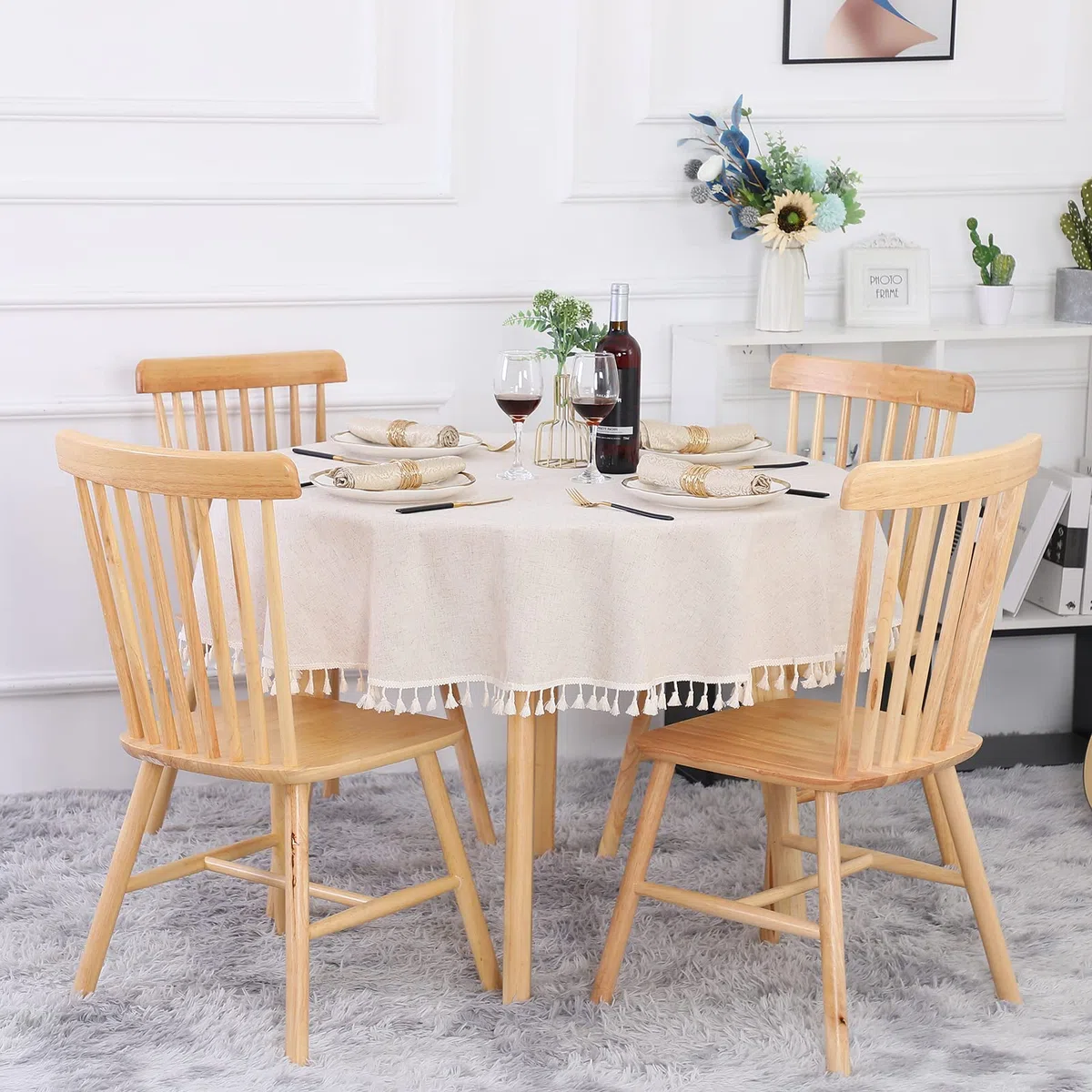 SUCHDECO Tischdecke Rund 120 cm Tischdecke Beige Leinen Baumwolle Tischdecke Runde Abwaschbar Knitterfrei Tischtuch mit Quasten für Küche, Esszimmer, Esstisch, Couchtisch, Gartentisch