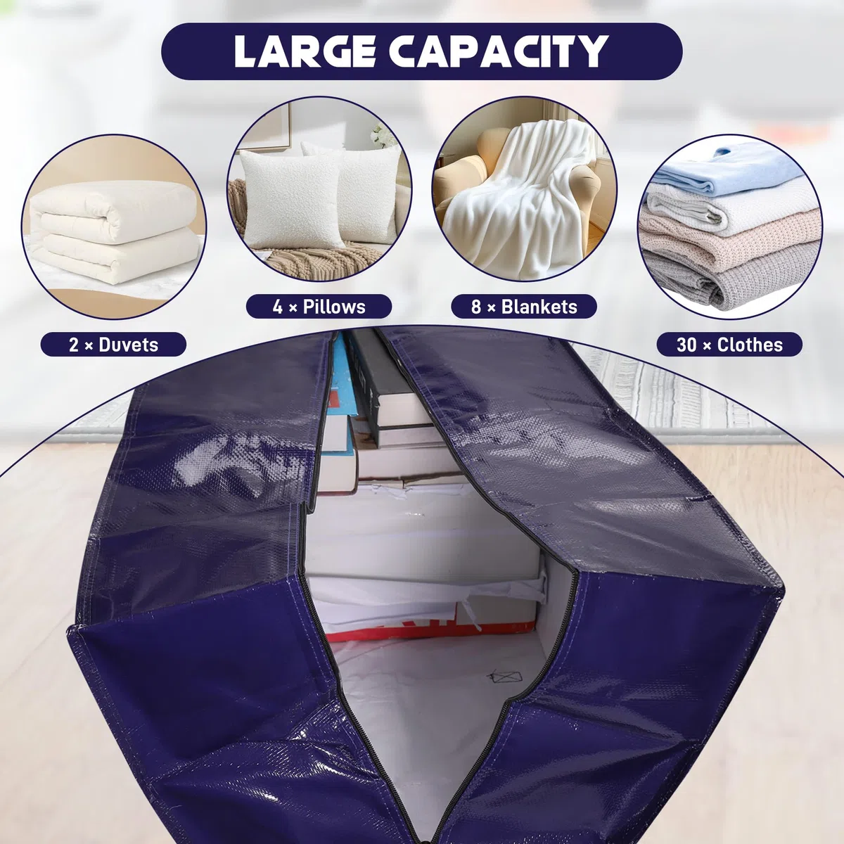 Starvortex 4Stk Umzugstaschen, 92L Aufbewahrungstasche xxl mit Reißverschluss, Durable Wasserdicht Große Tasche mit Reißverschluss, Hochbelastbar Plastiktasche für Umzug Kleidung