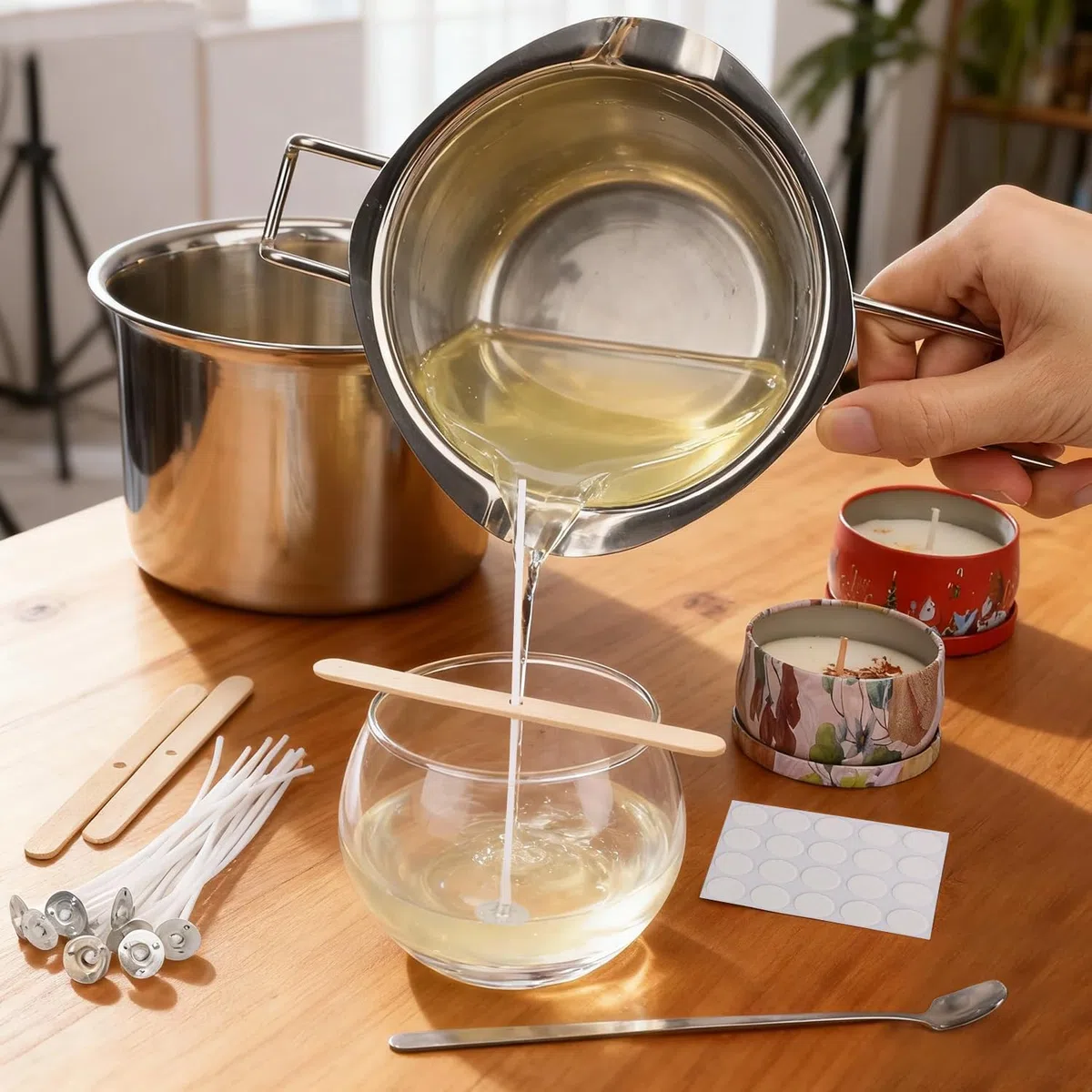 Wasserbad-Topf 3-teiliges Edelstahl Schmelztopf Set für Kerzenherstellung, mit Ausgießkanne zum Schmelzen von Sojawachs, Bienenwachs - Ideal für DIY Kerzen, Seife & Schokolade