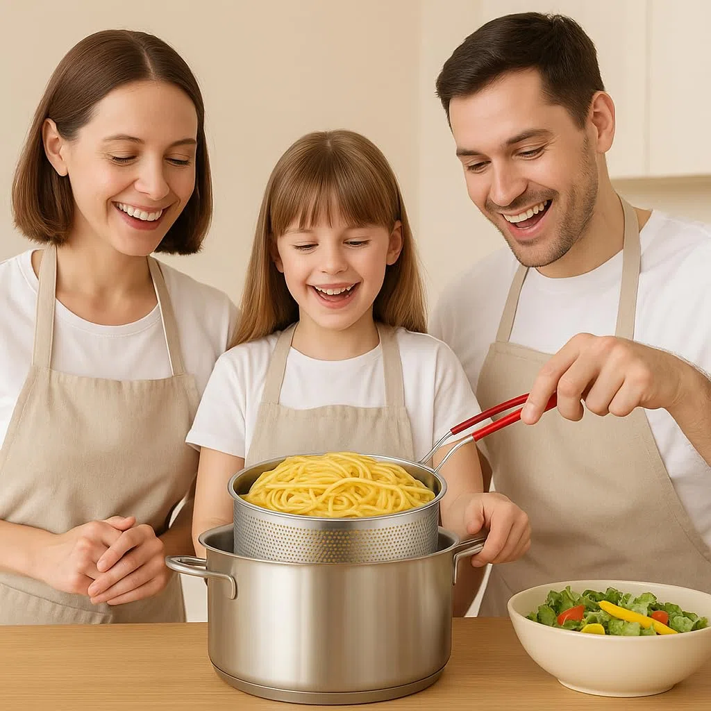 Edelstahl Frittierkorb mit abnehmbaren–pasta sieb für topf,edelstahl siebkorb & frittiersieb–frittierkorb für topf für Küche,Pommes,Gemüse & Nudeln–platzsparend (18 cm)