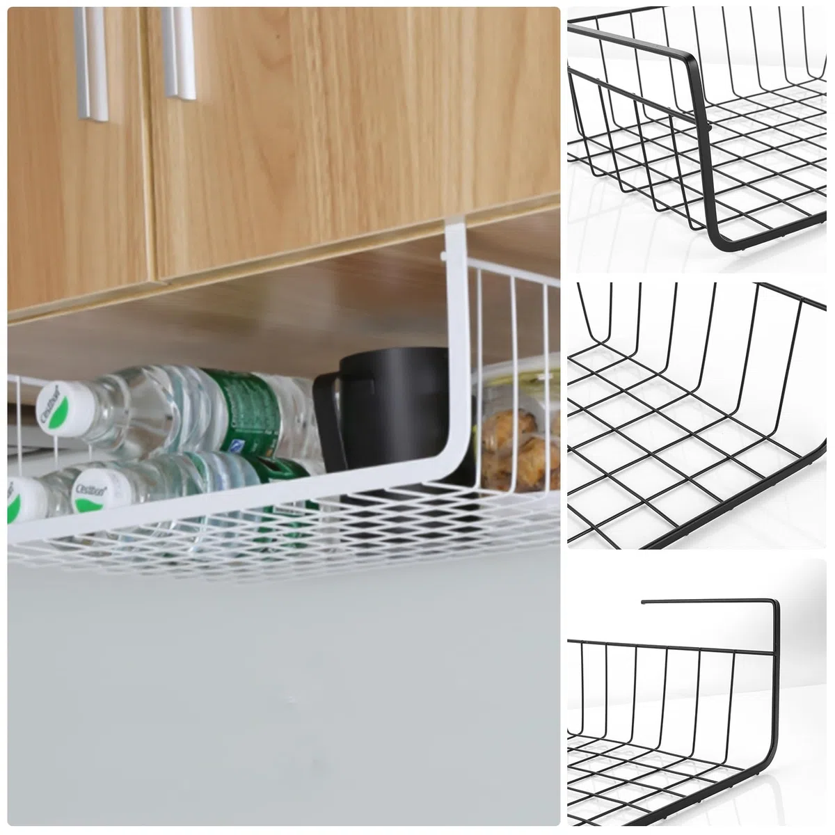 2 Stück Schwarz Unterregal Hängekorb Schrank, Regaleinhängekorb Küche Organizer Schrankkörbe Metall Aufbewahrungskorb für Küche, Schrank, Bad, Speisekammer, Büro