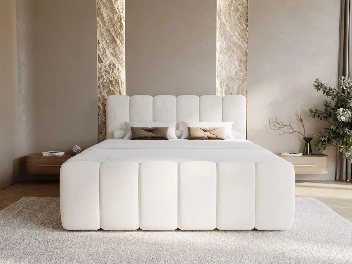 GRAINGOLD Cloud Bett 180x200, Boxspringbett mit Bettkasten, Polsterbett mit Bonell-Matratze, Samt Stoff, mit Topper, mit Kopfteil (Beige, 180x200)
