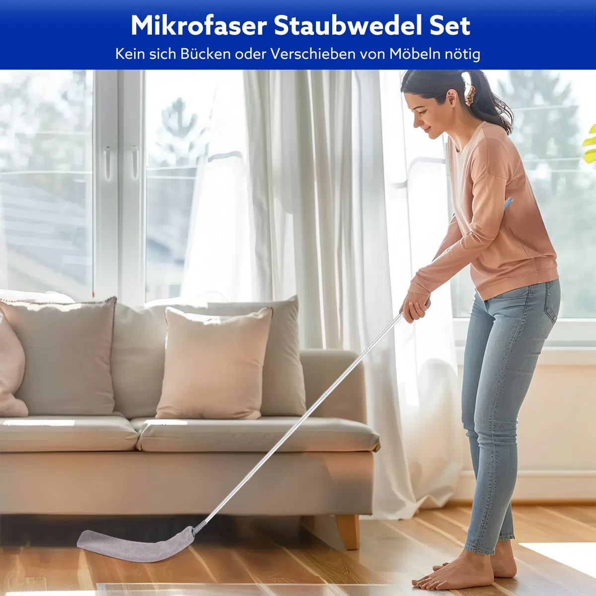 Wlich 8 Teiliges Staubwedel Teleskop Mikrofaser, Staubwedel Lang Ausziehbar mit Teleskopstange bis 250cm Staubwischer Waschbar für Spinnweben Hohe Decken Lücken, Wiederverwendbares Reinigungsset