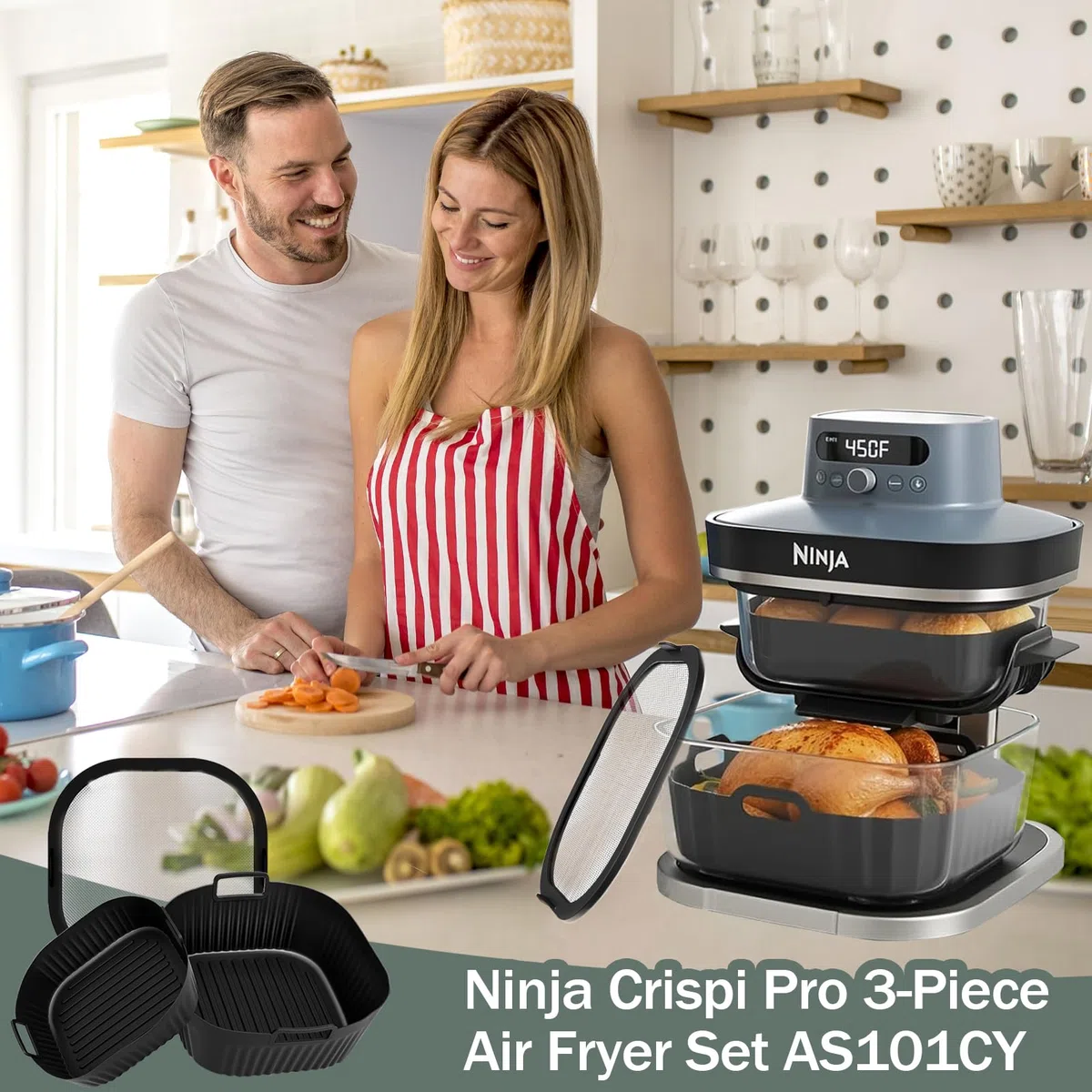 Silikonform+ Spritzschutz Airfryer Zubehör für Ninja Crispi Pro AS101EU | Heißluftfritteuse Zubehör BPA-Frei Airfryer Silikonform+ Edelstahl Spritzschutz für Ninja Crispi Pro XL Zubehör