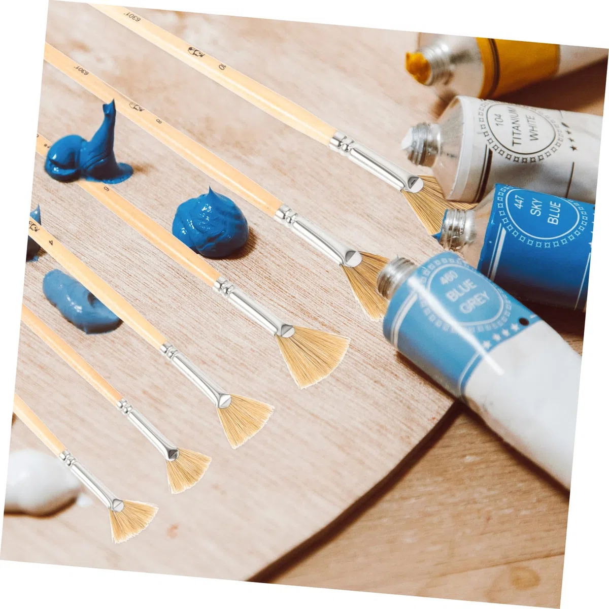 TEHAUX 6 Stück Multifunktionales Fächerpinsel für Aquarellmalerei und Ölmalerei mit Langlebigen Borsten und Leicht Kontrollierbarem Holzgriff zum Malen und Geschenk