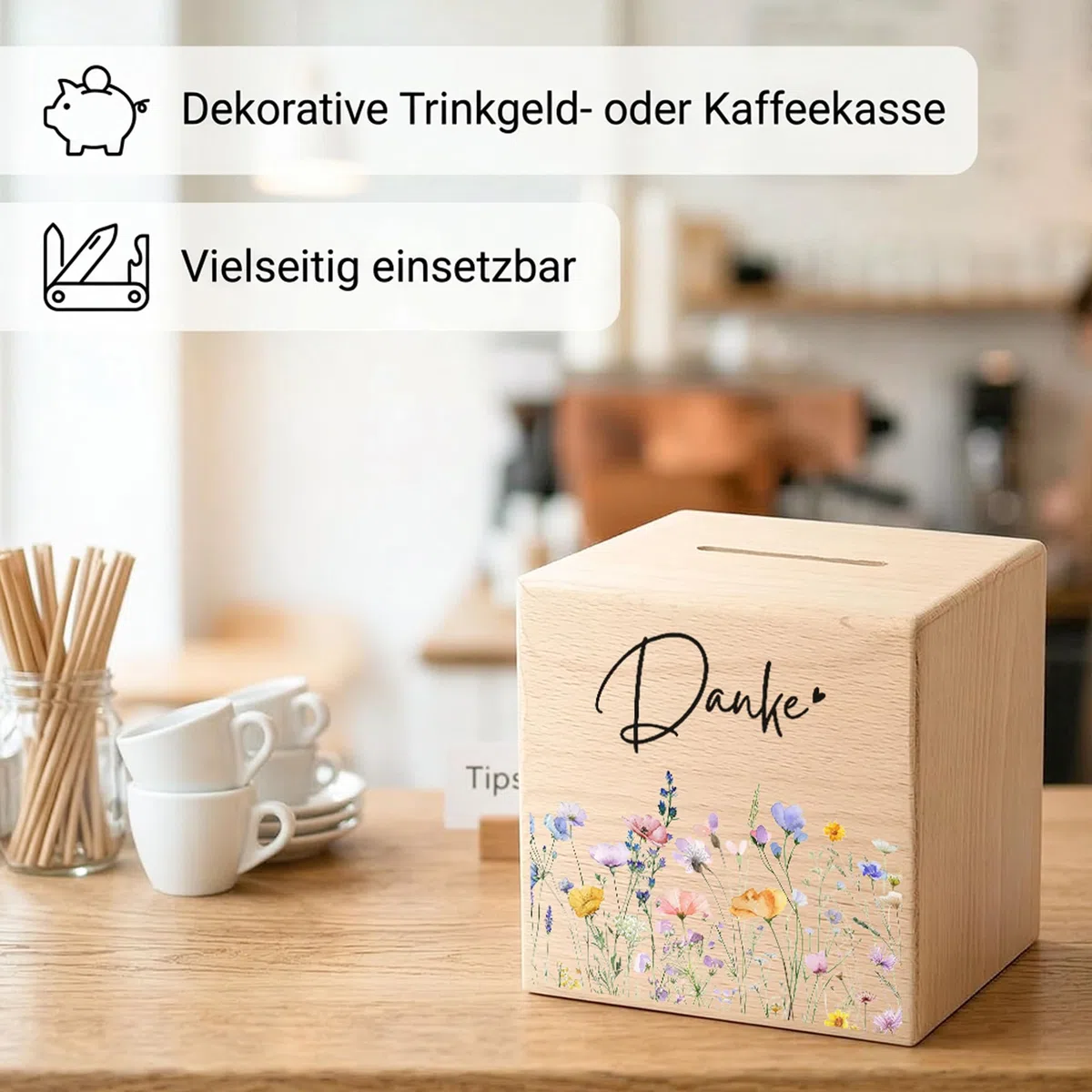 Trinkgeldkasse Wildblumen Danke Kaffeekasse Spardose aus Holz Trinkgeld Sparkasse Holzspardose